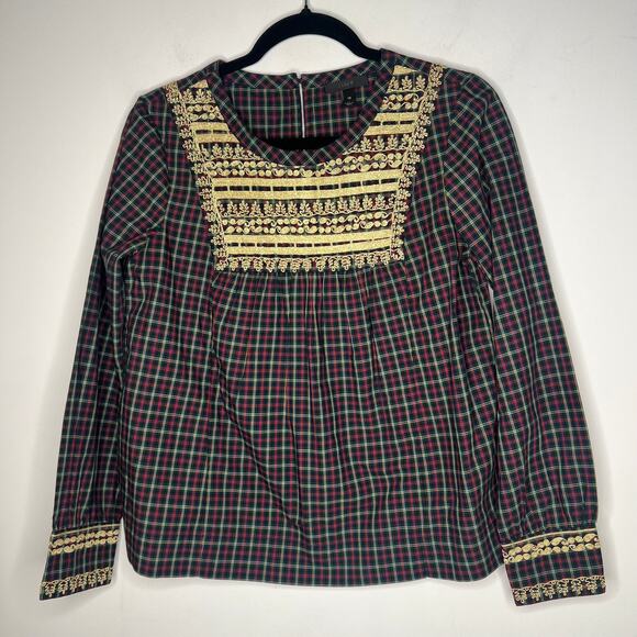 J. Crew Plaid Gold Embroidery Blouse Size XS - Picture 2 of 7